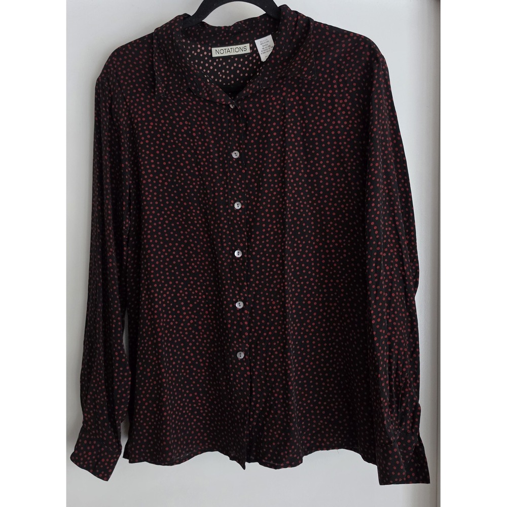 VTG Notations Shirt Womens L Black Red Polka Dot Silk Long Sleeve Top